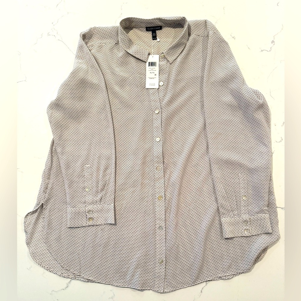 Eileen Fisher Printed Silk Crepe de Chine Classic Collar Shirt XL 💯 % silk